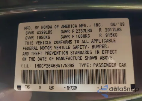 2009 Honda Accord 2.4 Lx-P from USA, damaged, VIN 1HGCP26469A175389